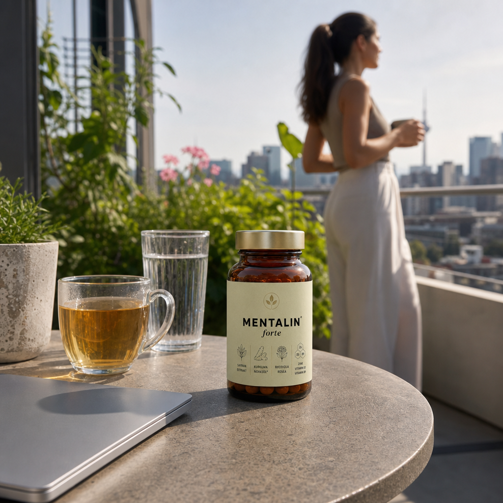 Mentalin forte auf einer Dachterrasse über der Stadt