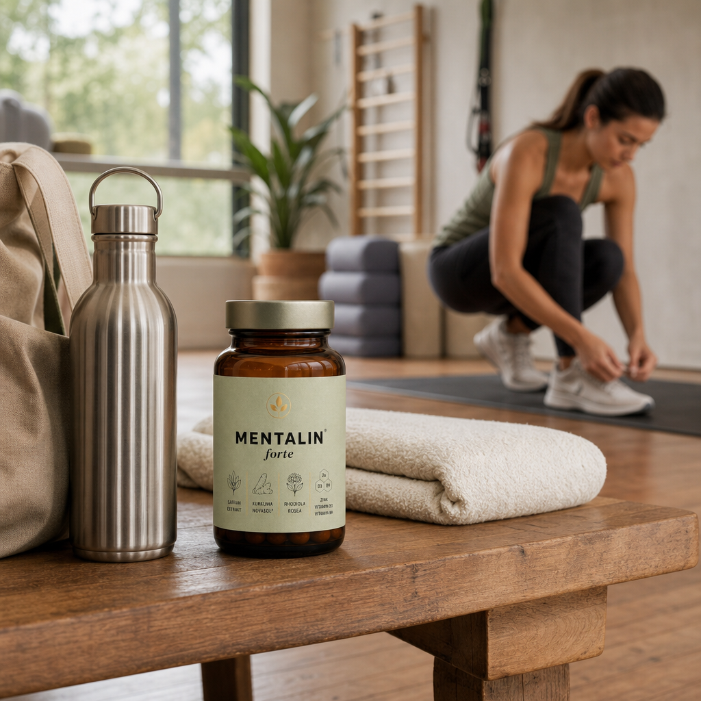 Mentalin forte neben Sporttasche und Trinkflasche